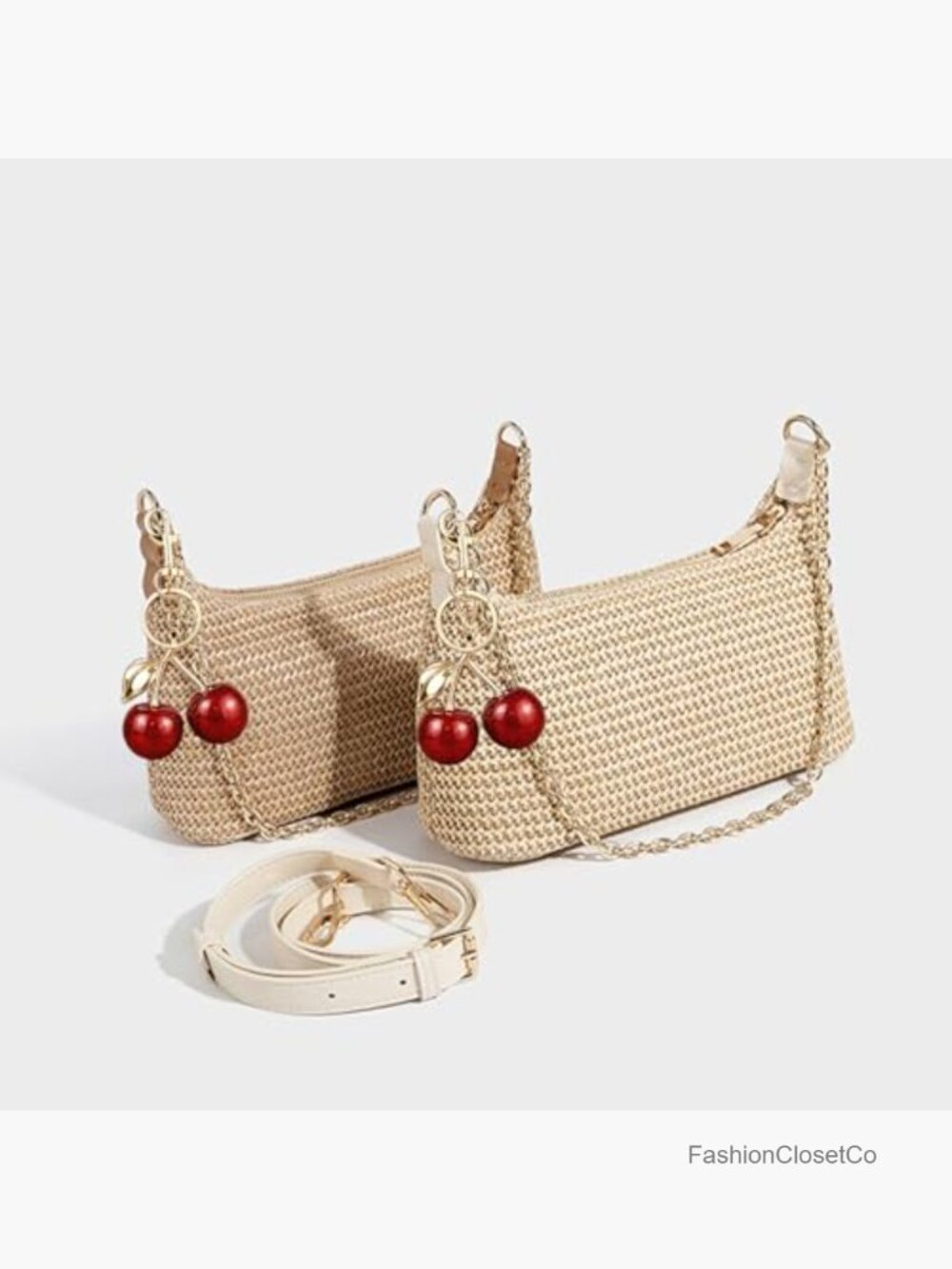Straw Shoulder Bag with Cherry Pendant, Woven Crossbody Purse with Zipper - Picture 6 of 6